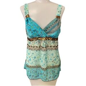 Heart‎ Soul Boho Y2K Babydoll Sequin Floral Print Tank Sheer Top Women Medium